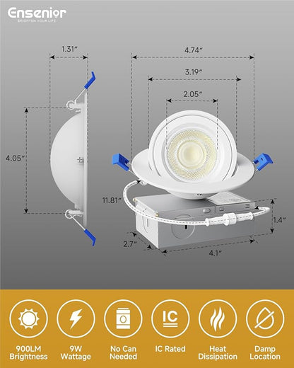 Ensenior 4 Pack 4 inch LED Gimbal Led Recessed Light with Junction Box, 2700K-5000K 5CCT, 360°+90° Adjustable Directional Eyeball Lighting, Dimmable, CRI90+, 900LM, 9W=85W, 120V-ETL&FCC