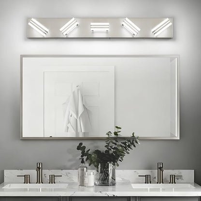 SOLFART LED Bathroom Lighting Fixtures - 5 Lights Modern Brushed Nickel Acrylic Vanity Lights for Mirror 32inch 24W 5CCT