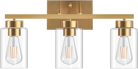 PARTPHONER 3-Light Bathroom Light Fixtures, Brushed Gold Vanity Light with Clear Glass Shade, Modern Wall Sconce for Mirror Bedroom Living Room Hallway Lighting