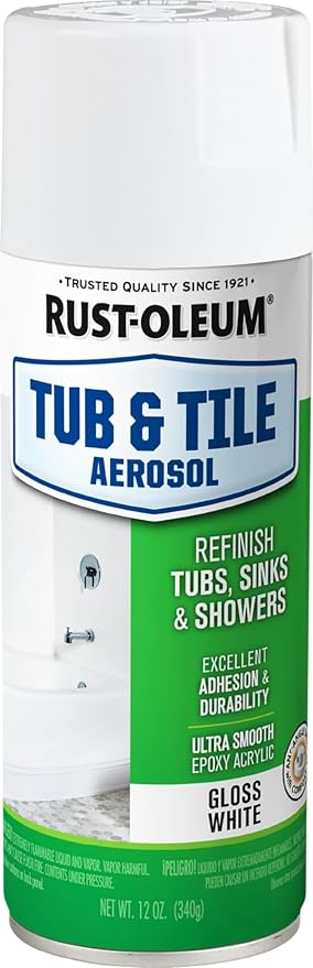 Rust-Oleum Tub & Tile Gloss White Spray Paint | Bathroom Surface Refresh, Ceramic, Porcelain, Fiberglass, Durable Moisture Resistant Finish, 12 Oz