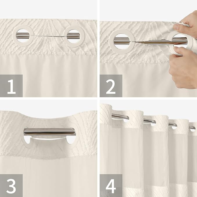 eachope no Hook Shower Curtain and Liner Set，Boho Style with See Through Top Window, Cream Fabric Tufted Striped Textured Outer Curtain & Waterproof Inner Liner, Beige/Cream, 71Wx98H