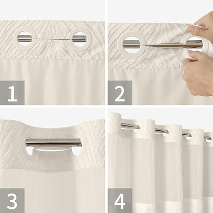 eachope no Hook Shower Curtain and Liner Set，Boho Style with See Through Top Window, Cream Fabric Tufted Striped Textured Outer Curtain & Waterproof Inner Liner, Beige/Cream, 71Wx98H