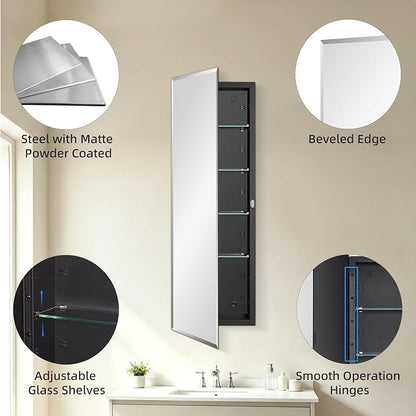 IDYLLOR Black Bathroom Medicine Cabinet with Beveled Edge Mirrored Door 12 x 36 inch, Recessed or Surface Mount, with Adjustable Glass Shelves