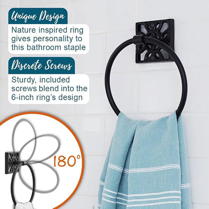 Autumn Alley 5 PC Matte Black Modern Bathroom Accessories Set, Wall Mounted - Towel Rack, Hand Towel Ring, Industrial Toilet Paper Holder, and 2 Towel Robe Hook for Bathroom Hardware Set