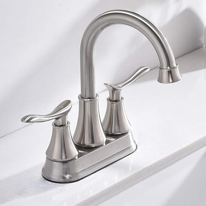 KINGO HOME Modern Brushed Nickel 2-Handle Bathroom Faucet, 4 inch Centerset RV Bathroom Sink Faucet Lavatory Bath Sink Vanity Faucet with Water Supply Lines and Pop Up Drain