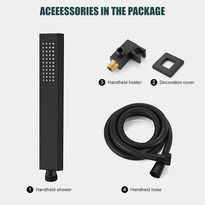 Heyalan SUS304 Handheld Shower Set with Hose & Wall Holder, Matte Black | SUS304 stainless steel wand, straight-style design, single rain spray, 59-inch long hose and standard 1/2-inch connection
