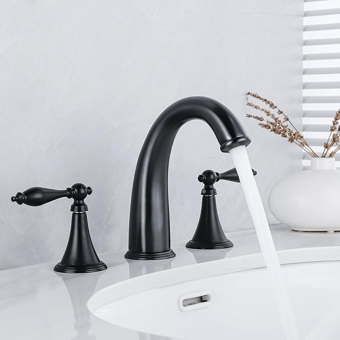 SaniteModar Matte Black Bathroom Sink Faucet,Brass Bathroom Faucet 3 Hole,Widespread Bathroom Faucet for Sink 3 Hole,2 Handles Design with Water Supply Lines