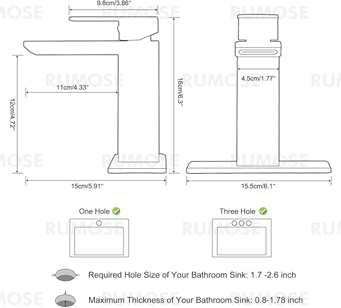 RUMOSE Matte Black Bathroom Faucets Set with Pop Up Drain Single Handle Bathroom Sink Faucet 1 & 3 Hole Waterfall Spout Vanity Faucet Kit with Deck Plate Rv Lavatory Basin Faucet, Stainless Steel