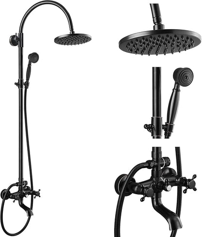 gotonovo Exposed Bathroom Shower Faucet Wall Mounted Shower System 8 Inch Shower Head and Tub Spout Double Cross Handles Adjustable Handheld Sprayer Curved Pipe Oil Rubbed Bronze
