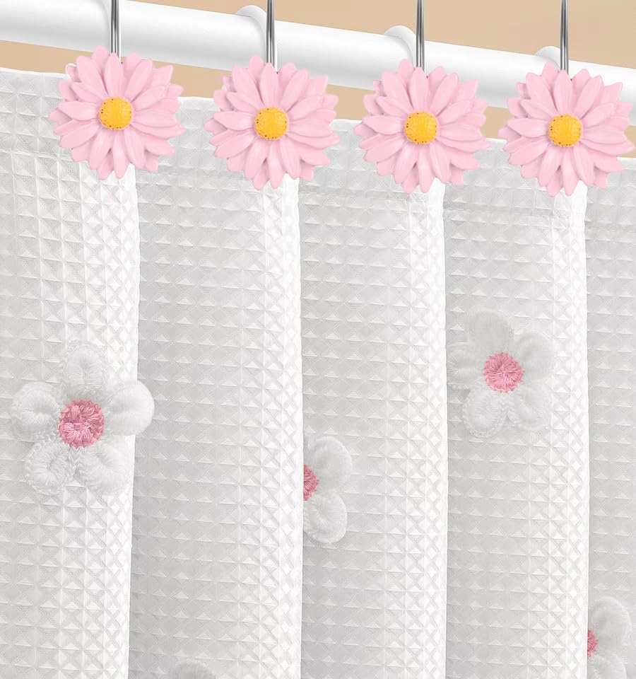 Daisy Flower Shower Curtain Hooks, 12PCS Stainless Steel Anti Rust Sunflower Shower Curtain Hooks Floral Decorative Curtain Hanger Hooks for Living Room Bathroom Decor (Pink)