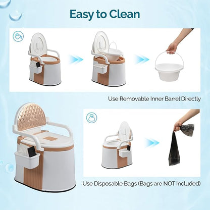 VINGLI Portable Toilet | Back & Handrail Design Commode with 5 Gallon Bucket Inner, Camping RV Toilet for Adult, Kids, Home, Boat, Van, Travel, Orange