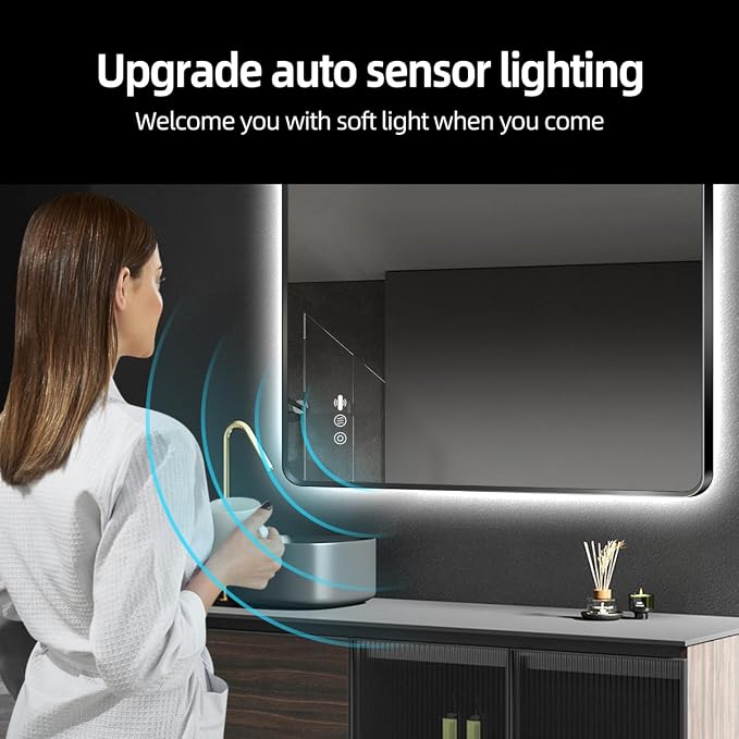 40" x 32" Black LED Bathroom Mirror with Lights - Motion Sensor | Smart Backlit Mirror Bathroom, Metal Framed, Anti-Fog, 3-Color Stepless Dimmable Lighted Mirror, Memory Function, CRI≥93