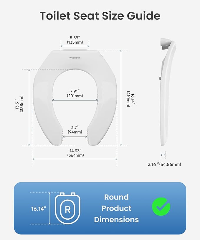 WSSROGY Commercial Round Plastics White Toilet Seat Front Open, Heavy-Duty up to 550lbs,Grip-Tight Bumpers, Quick-Attach Hardware for Easy Clean