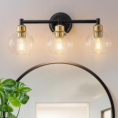 Bathroom Light Fixtures,3-Light Modern Bathroom Vanity Light,Black and Gold Wall Sconce with Clear Glass Globe Shades,Adjustable Brightness Wall Lights for Kitchen,Bedroom,Hallway,Living Room