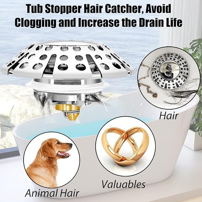 Anlige Bathtub Drain Stopper, Pop Up Tub Stopper with Hair Catcher, Bathtub Plug and Cover with Strainer, Universal for 1.5 to 1.8in Tub Drain