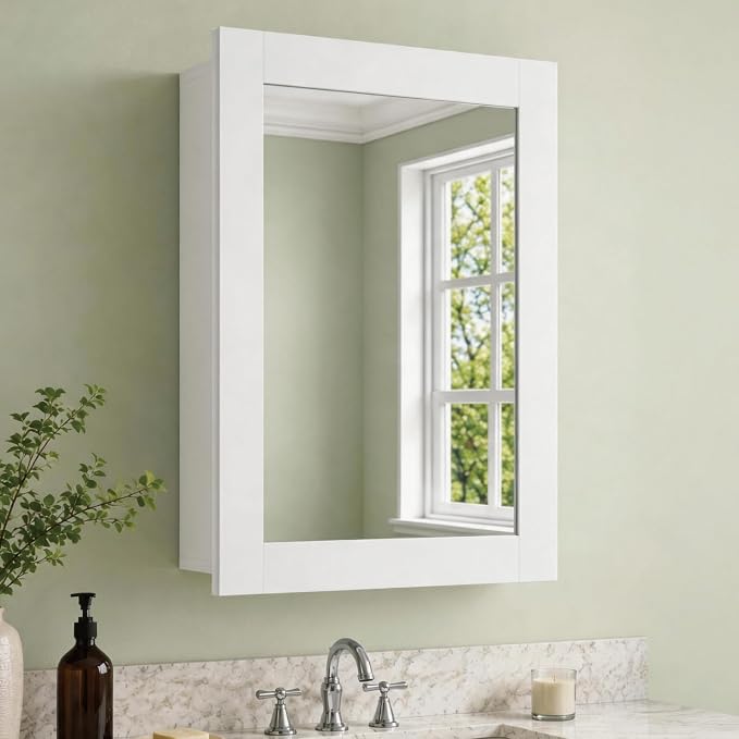 Buruis 24 x 30 Inch Bathroom Wood Medicine Cabinet Mirror, White | Fully Assembled Design, Adjustable Glass Shelves, Soft-Close Hinges, Bathroom Storage Organizer, Left/Right Opening