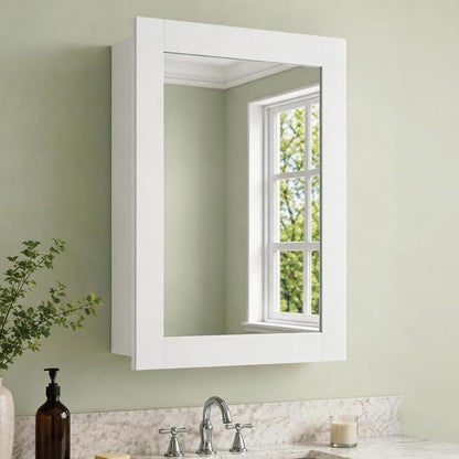 Buruis 20 x 28 Inch Bathroom Wood Medicine Cabinet Mirror, White | Fully Assembled Design, Adjustable Glass Shelves, Soft-Close Hinges, Bathroom Storage Organizer, Left/Right Opening