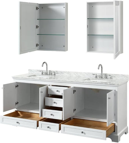 Wyndham Collection Deborah 80 inch Double Bathroom Vanity in White, White Carrara Marble Countertop, Undermount Square Sinks, and Medicine Cabinets