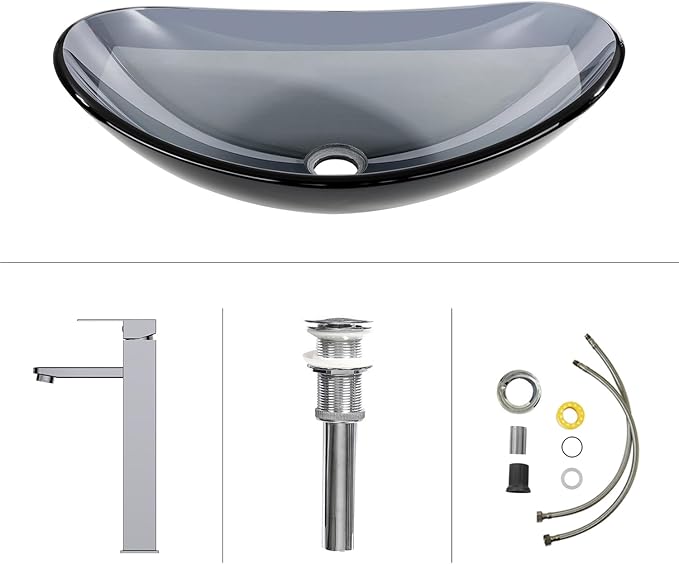 Bathroom Boat Shape Artistic Glass Vessel Sink Free Chrome Faucet and Pop-up Drain Set, Bluish Grey
