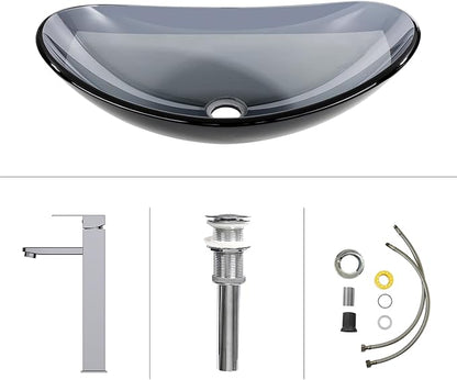 Bathroom Boat Shape Artistic Glass Vessel Sink Free Chrome Faucet and Pop-up Drain Set, Bluish Grey