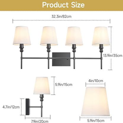 Black Bathroom Vanity Light 4 Light，32.3In Vintage Bathroom Light Fixtures Over Mirror,Hardwired Vanity Wall Sconce with Flared White Fabric Lampshade for Bedroom,Living Room,Foyer,E12 Base
