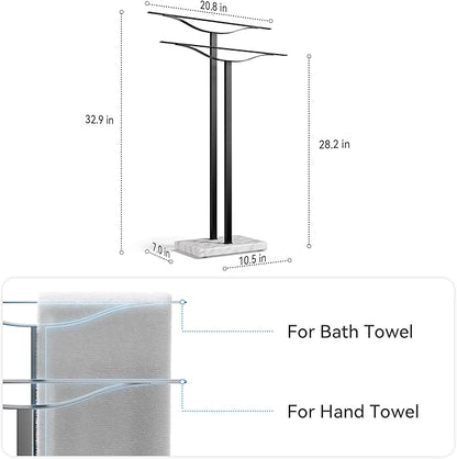 Bathroom Towel Rack Freestanding Floor Stand: Black 33in 2‑Bar Weighted Marble Base Towel Holder, Rustproof 304 Stainless Steel Drying Rack for Bath&Hand Towels, No‑Drill Slim Organizer, Spa Pool