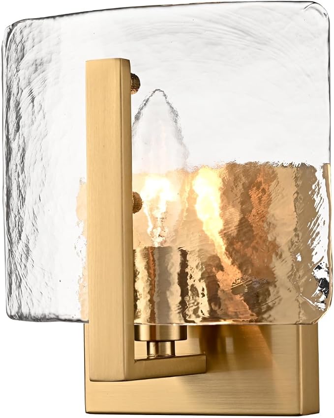Modern Gold Wall Sconce with Water Rippled Glass Shades, 7-Inch Wall Lights | Vintage Vanity Light, Indoor Sconces Lighting with Gold Finish for Living Room Bedroom Bathroom Hallway Entryway