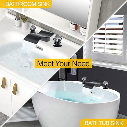 Widespread Bathroom Sink Faucet with Crystal Knob 3 Hole Waterfall Vanity Faucet 8 Inch Crystal Bathroom Faucets Deck Mount Basin Mixer Tap with Hose, Matte Black