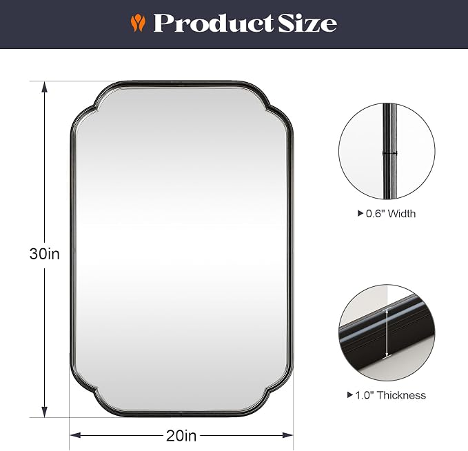 Black Bathroom Scalloped Mirror for Over Sink, 20” x 30” Rounded Corner Rectangle Wall Mirrors with Metal Frame, Modern Vanity Mirror for Mantel, Living Room, Bedroom, Horizontal or Vertical