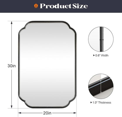 Black Bathroom Scalloped Mirror for Over Sink, 20” x 30” Rounded Corner Rectangle Wall Mirrors with Metal Frame, Modern Vanity Mirror for Mantel, Living Room, Bedroom, Horizontal or Vertical