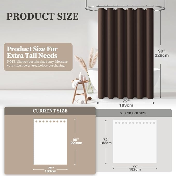 BTTN Extra Long Shower Curtain, 90 Inch Linen Textured Heavy Duty Shower Curtain Set with 12 Plastic Hooks, Large Hotel Luxury Simple Decorative Thick Fabric Shower Curtains for Bathroom,72x90, Brown