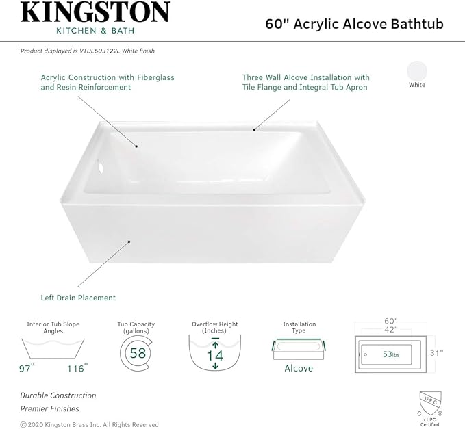 KINGSTON BRASS VTDE603122L 60-Inch Contemporary Alcove Acrylic Bathtub with Left Hand Drain and Overflow Holes, White