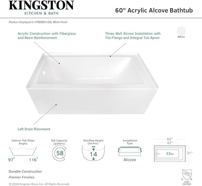 KINGSTON BRASS VTDE603122L 60-Inch Contemporary Alcove Acrylic Bathtub with Left Hand Drain and Overflow Holes, White