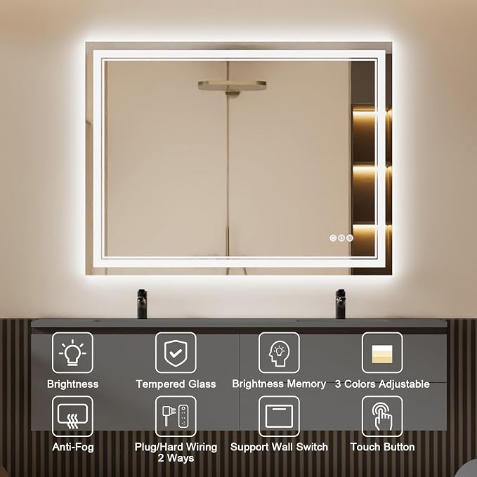 48x40 Inch LED Bathroom Mirror with Lights | Front and Backlit, 3 Colors, Dimmable, Memory, Anti Fog, Shatterproof, Horizontal/Vertical, Lighted Mirrors for Bathroom Wall