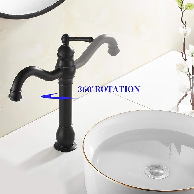 Black Single-Handle One Hole Bathroom Vessel Sink Faucet with Pop Up Drain | Bowl of Sink Deck Mount Lavatoy Basin Tap Tall Body 360° Swivel