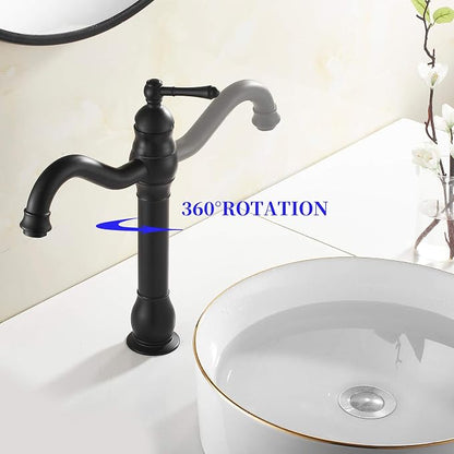 Black Single-Handle One Hole Bathroom Vessel Sink Faucet with Pop Up Drain | Bowl of Sink Deck Mount Lavatoy Basin Tap Tall Body 360° Swivel