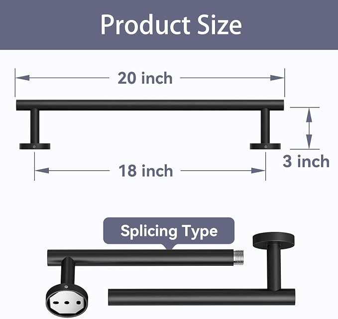 Matte Black Towel Bar, 18 Inch Bathroom Towel Rack | Towel Holder Wall Mounted, Thicken SUS304 Stainless Steel Towel Rod Modern Home Decor (Total Length 20-Inch)