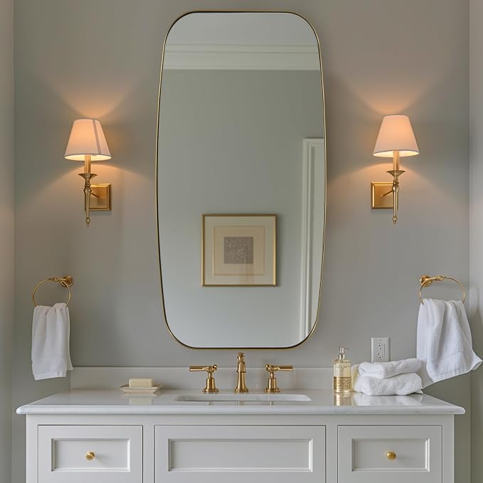 24x48 Gold Bathroom Mirror, Oblong Brass Mirror with Stainless Steel Metal Frame, Brushed Gold Oval Vanity Mirror for Over Sink, Modern Anti Rust Wall Mounted