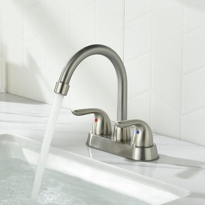 Bathroom Sink Faucets, 4 Inch, 2 Handle Centerset, Pop-up Drain Stopper, Supply Hoses (4-inch Centerset Faucet, Brushed Nickel)
