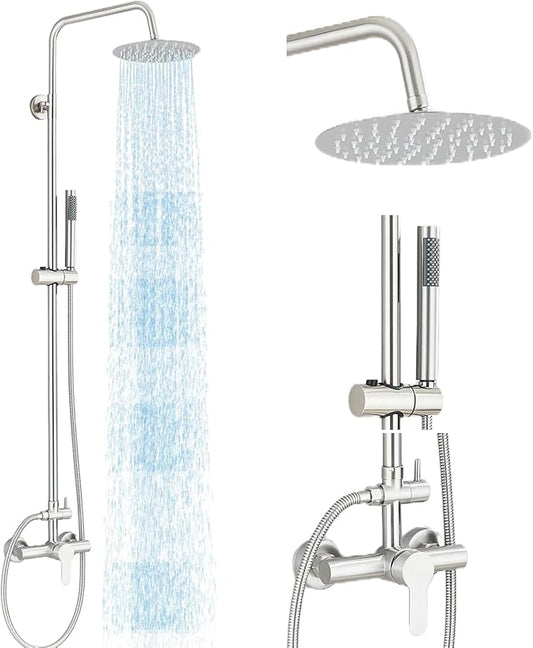 Rain Shower System Outdoor Shower Fixtures with 8" Rain Shower Head Handheld Sprayer Single Handle Wall Mounted Bathroom Shower Faucet Set Brushed Nickel for Bathroom or Backyard