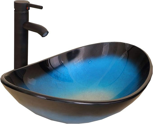 wonline Bathroom Oval Tempered Glass Vessel Sink with Oil Rubbed Bronze Faucet and Drain Combo Black and Blue Boat