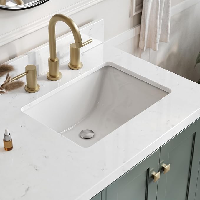 ARIEL Cambridge 36-inch Bathroom Vanity with Sink,Solid Wood, 1.5-inch Carrara White Quartz Countertop, Single Rectangular Porcelain Sink, 2 Soft Closing Doors, 5 Dovetail Drawers, Vintage Green