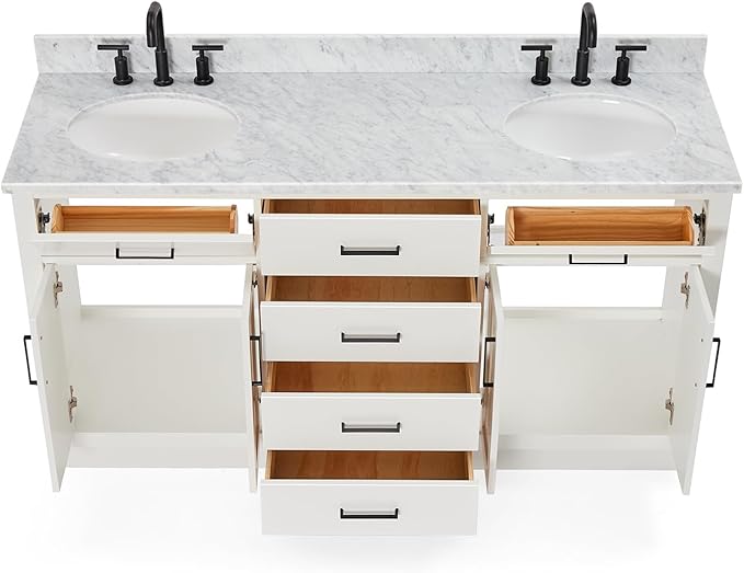 ARIEL Hepburn 66-inch Bathroom Vanity with Sink,Solid Wood, 0.75-inch Italian Carrara Marble Countertop & Backsplash, Double Oval Porcelain Sink, 4 Soft Closing Doors, 6 Dovetail Drawers, White