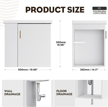 phiestina 20 Inch White Floating Small Bathroom Vanity, Pre-Assembled Wall Mounted Cabinet with Sink, Left Side Storage, Soft-Close Door, Modern Space-Saving Design, No Faucet, BV04-20-WHITE-PLUS