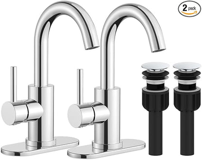 Bathroom Sink Faucet, Single Handle Bathroom Faucet with Pop Up Drain, Pre Wet Small Mini Kitchen Bath Utility Marine Faucet with Deck Plate, Farmhouse RV Sink Faucets-2 Sets