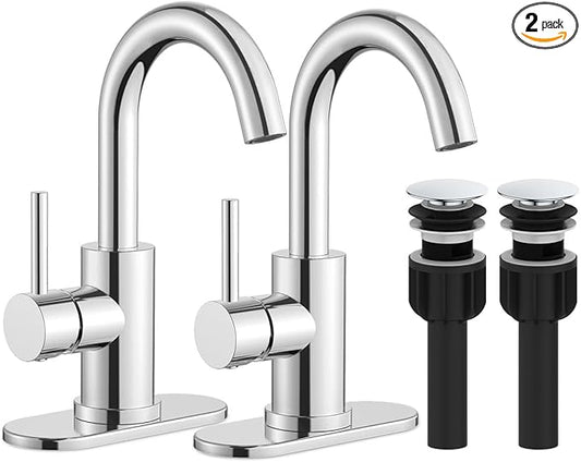 Bathroom Sink Faucet, Single Handle Bathroom Faucet with Pop Up Drain, Pre Wet Small Mini Kitchen Bath Utility Marine Faucet with Deck Plate, Farmhouse RV Sink Faucets-2 Sets