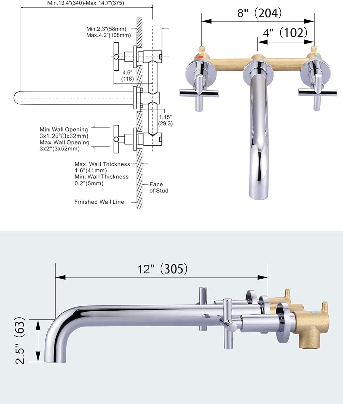 Wall Mount Tub Filler ARCORA Chrome Bathtub Faucet Long Spout Reach, 2 Cross Handles Wall Mounted Tub Faucet with Brass Rough in Valve Included
