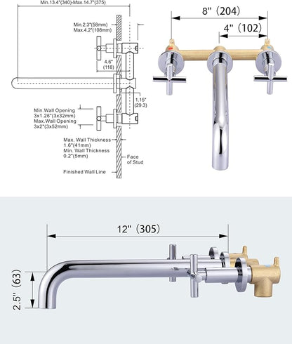 Wall Mount Tub Filler ARCORA Chrome Bathtub Faucet Long Spout Reach, 2 Cross Handles Wall Mounted Tub Faucet with Brass Rough in Valve Included