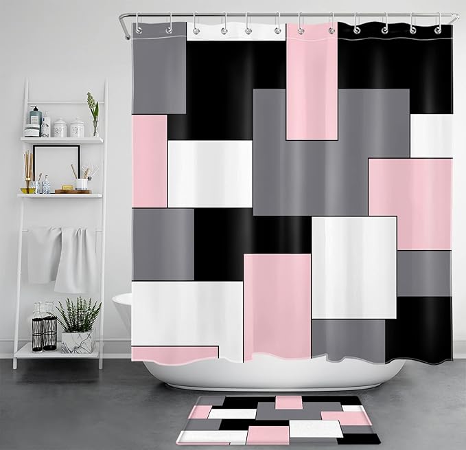 HVEST Pink Abstract Shower Curtain with Bathroom Rugs, Grey Black and White Abstract Geometric Shower Curtain with Bath Mat, Modern Mid Century Minimalist Shower Curtain Set with Hooks, 70x70 inch
