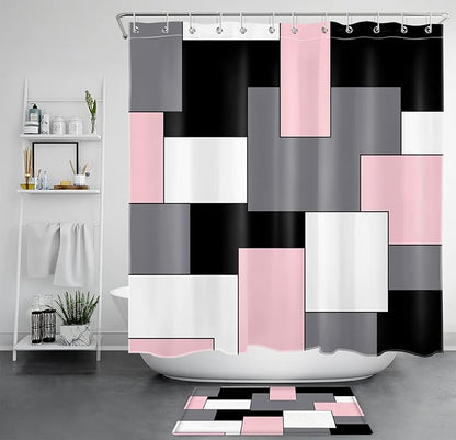 HVEST Pink Abstract Shower Curtain with Bathroom Rugs, Grey Black and White Abstract Geometric Shower Curtain with Bath Mat, Modern Mid Century Minimalist Shower Curtain Set with Hooks, 70x70 inch